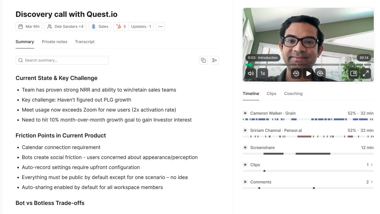 You handle the meeting. Grain handles the note-taking.