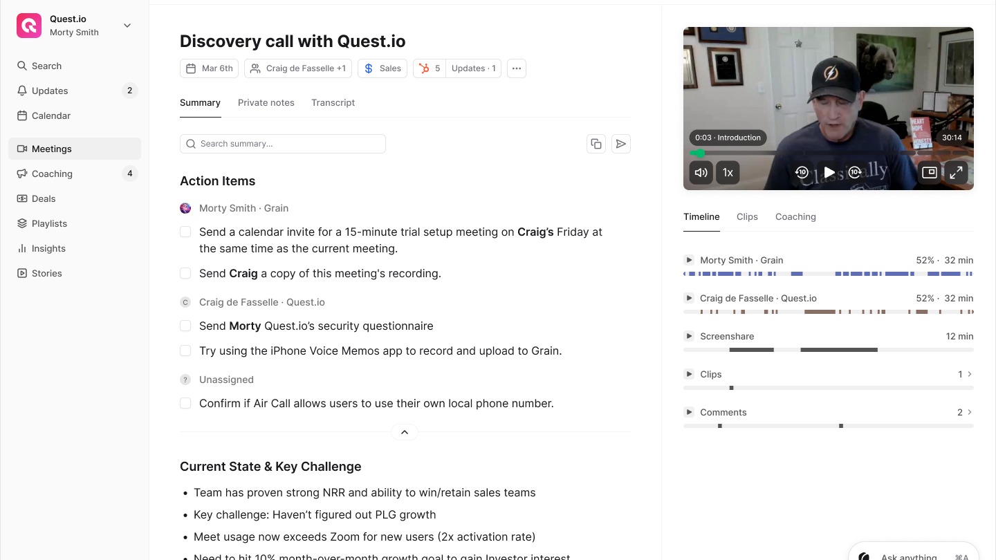 A screenshot of the Grain app with "Action Items" displayed in the middle.